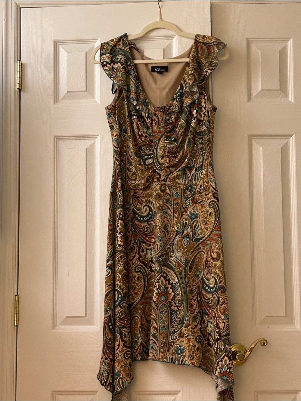 AGB Earth Tone Paisley Ruffle Neck Handkerchief Hem Boho Midi Dress Size 8